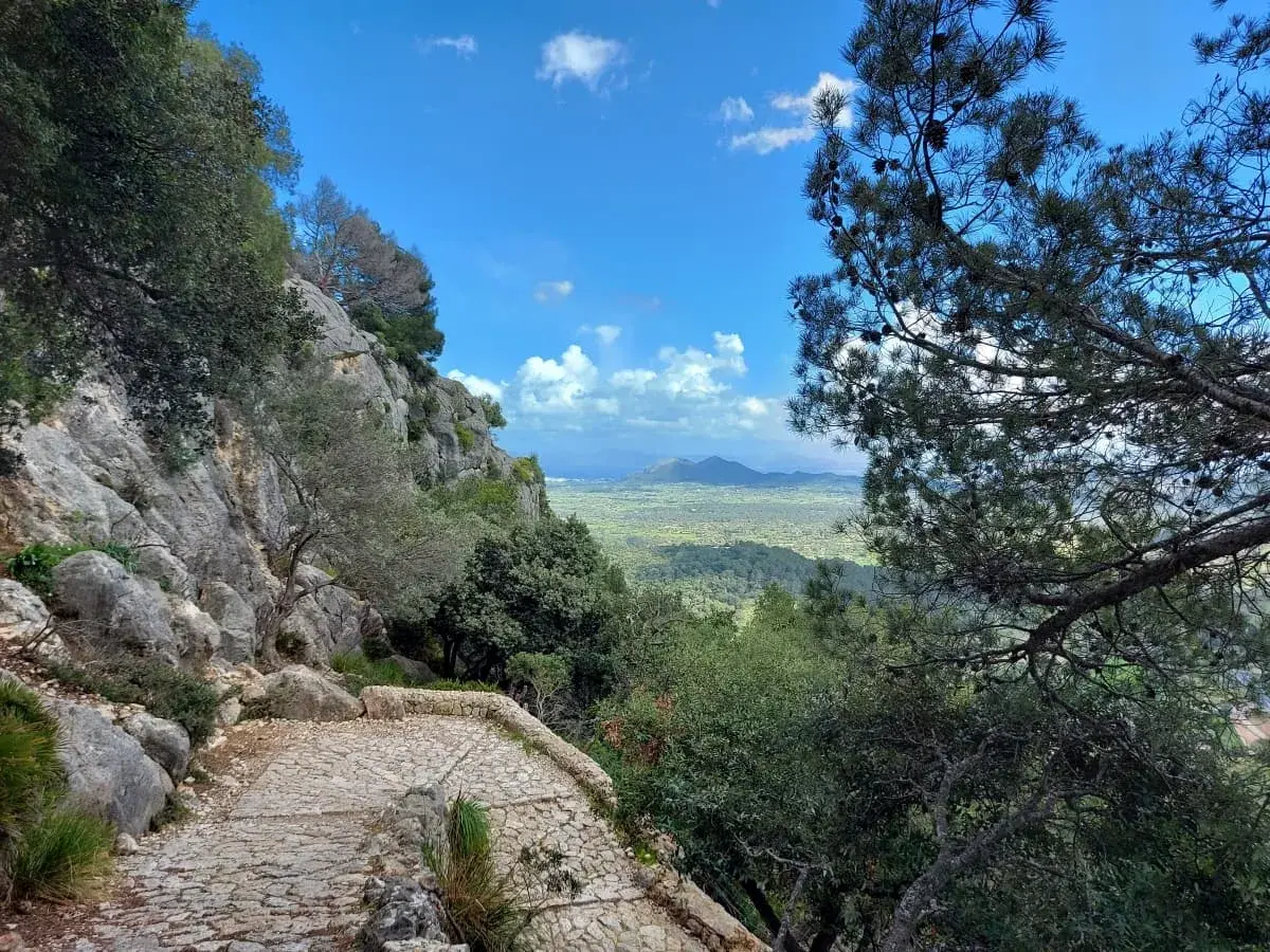 A cobblestone pathway winding through a rugged landscape, flanked by trees and shrubs, leading towards the summit of Puig de Maria, offering a stunning vista of the valley and mountains under a dynamic sky.