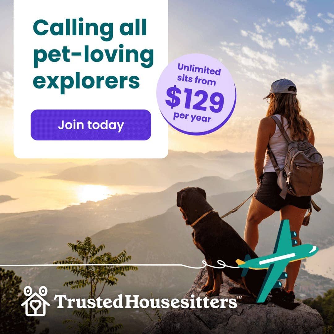 Werbegrafik von TrustedHousesitters mit einer Frau und ihrem Hund, die auf einem Berggipfel in die Ferne blicken, während die Sonne untergeht. Links oben steht: „Calling all pet-loving explorers“ und „Join today“, daneben ein runder Sticker mit „Unlimited sits from $129 per year“. Unten das Logo und der Schriftzug „TrustedHousesitters“.