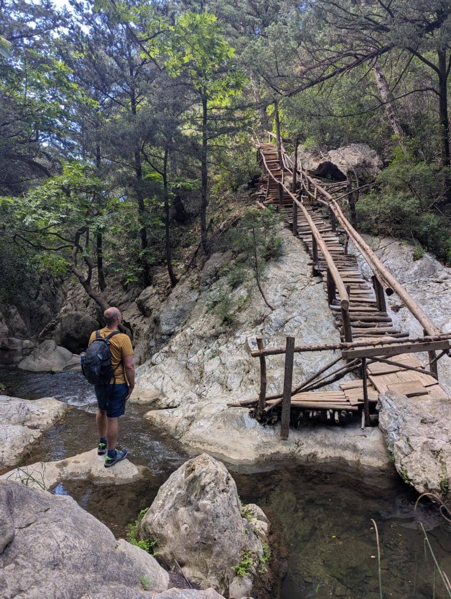 Ein Mann steht in der Potami Schlucht auf einem Felsen im Bachbett und blickt auf eine steile, rustikale Holztreppe, die durch dichte Vegetation bergauf führt. Diese Szene bringt die urige und naturbelassene Atmosphäre der Potami Schlucht auf Samos eindrucksvoll zur Geltung.