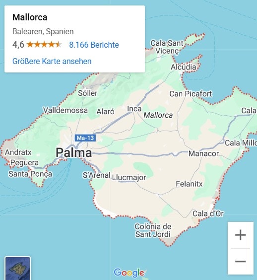 Google Maps-Karte der Baleareninsel Mallorca mit hervorgehobenen Städten wie Palma, Sóller, Alcúdia und Cala d’Or sowie einer Bewertung von 4,6 Sternen aus über 8.000 Berichten. Die Karte bietet eine schnelle geografische Übersicht zur Lage und Beliebtheit von Mallorca, Spanien.